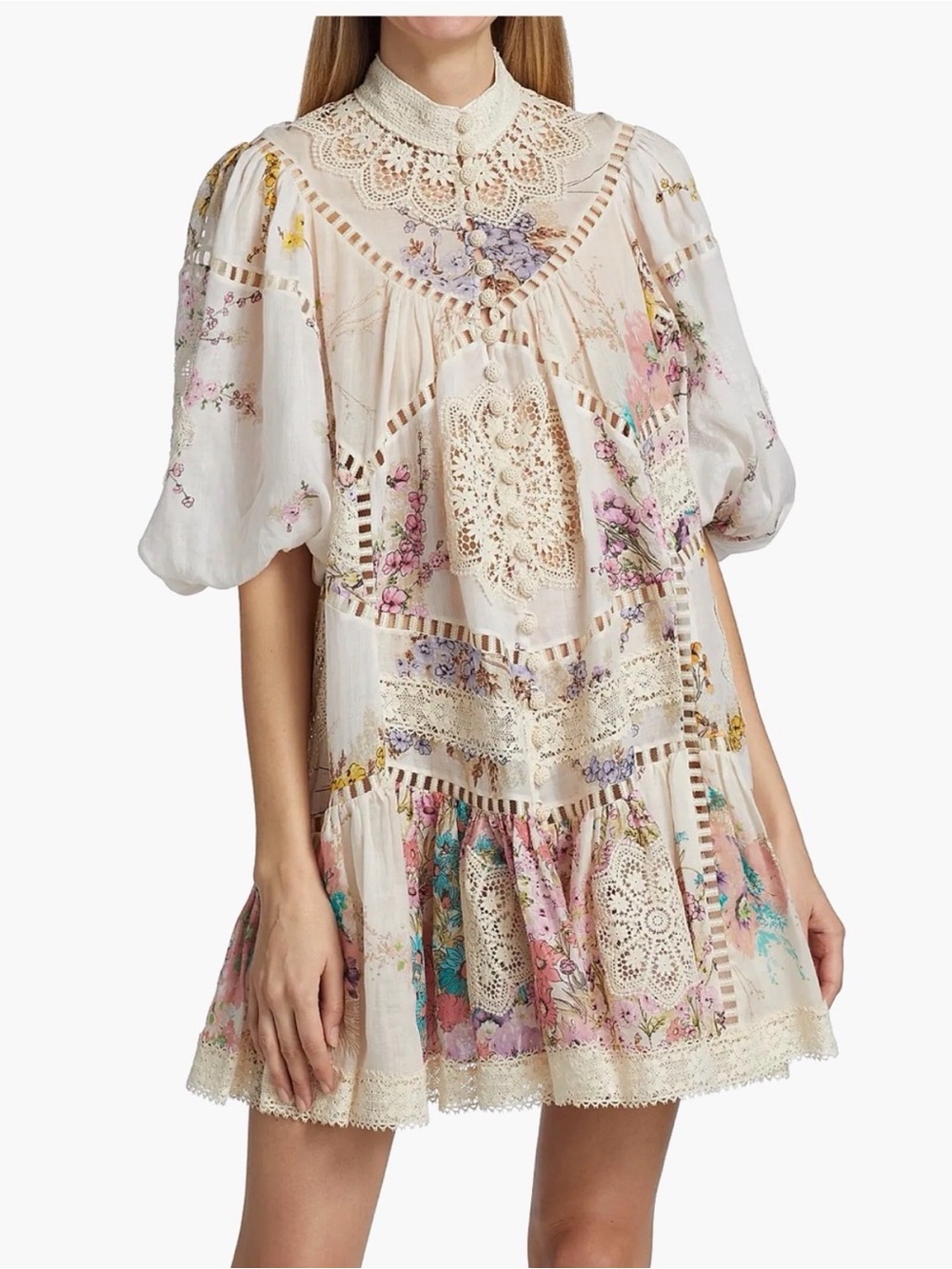 Zimmermann Cream Floral Crochet-Trim Mini Dress